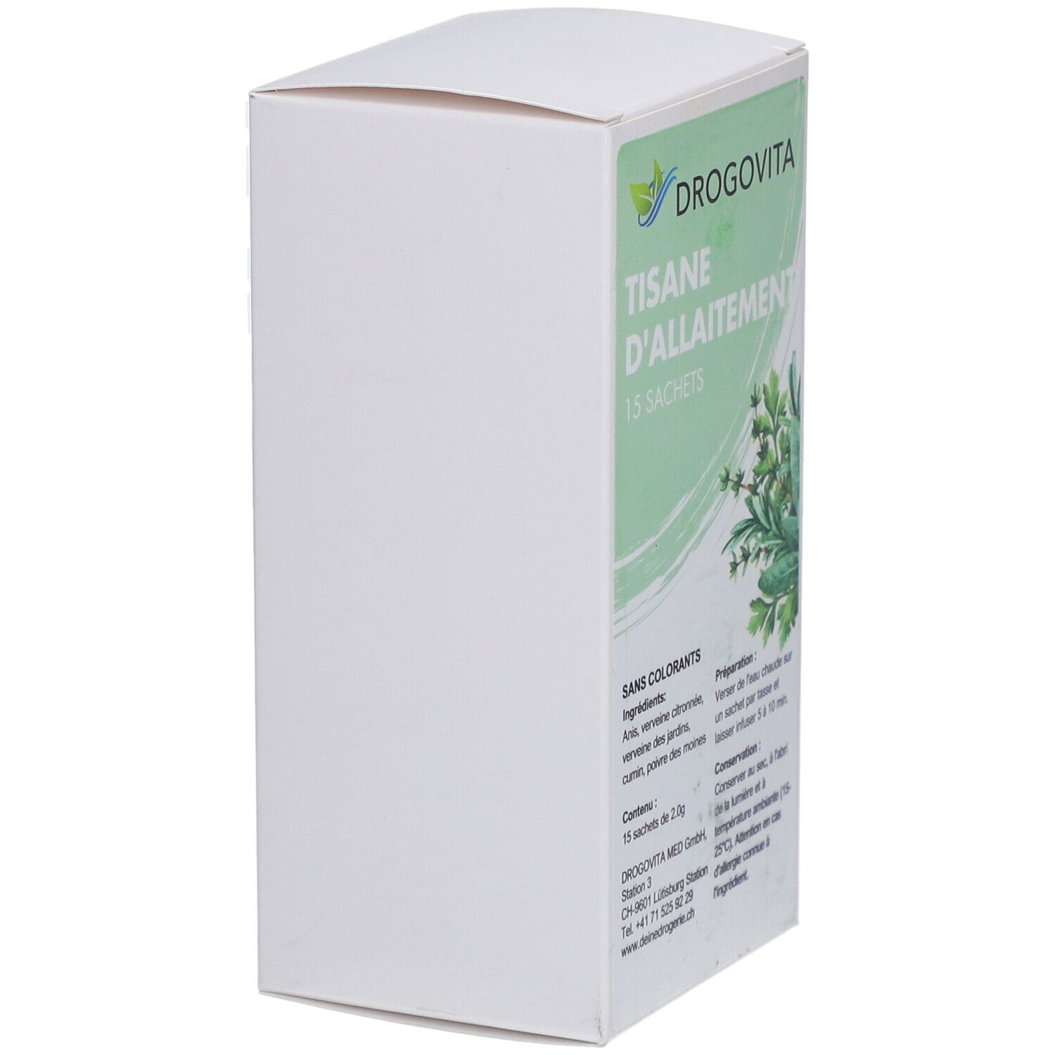 DROGOVITA-Verpackung. Aufschrift: Tisane d'Allaitement, 15 Sachets. Grün-weiße Schachtel mit Kräuterabbildung.