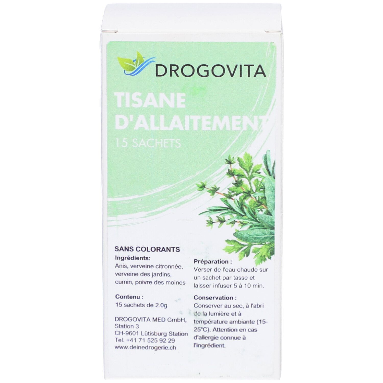 DROGOVITA-Verpackung. Aufschrift: Tisane d'Allaitement, 15 Sachets. Grün-weiße Schachtel mit Kräuterabbildung.