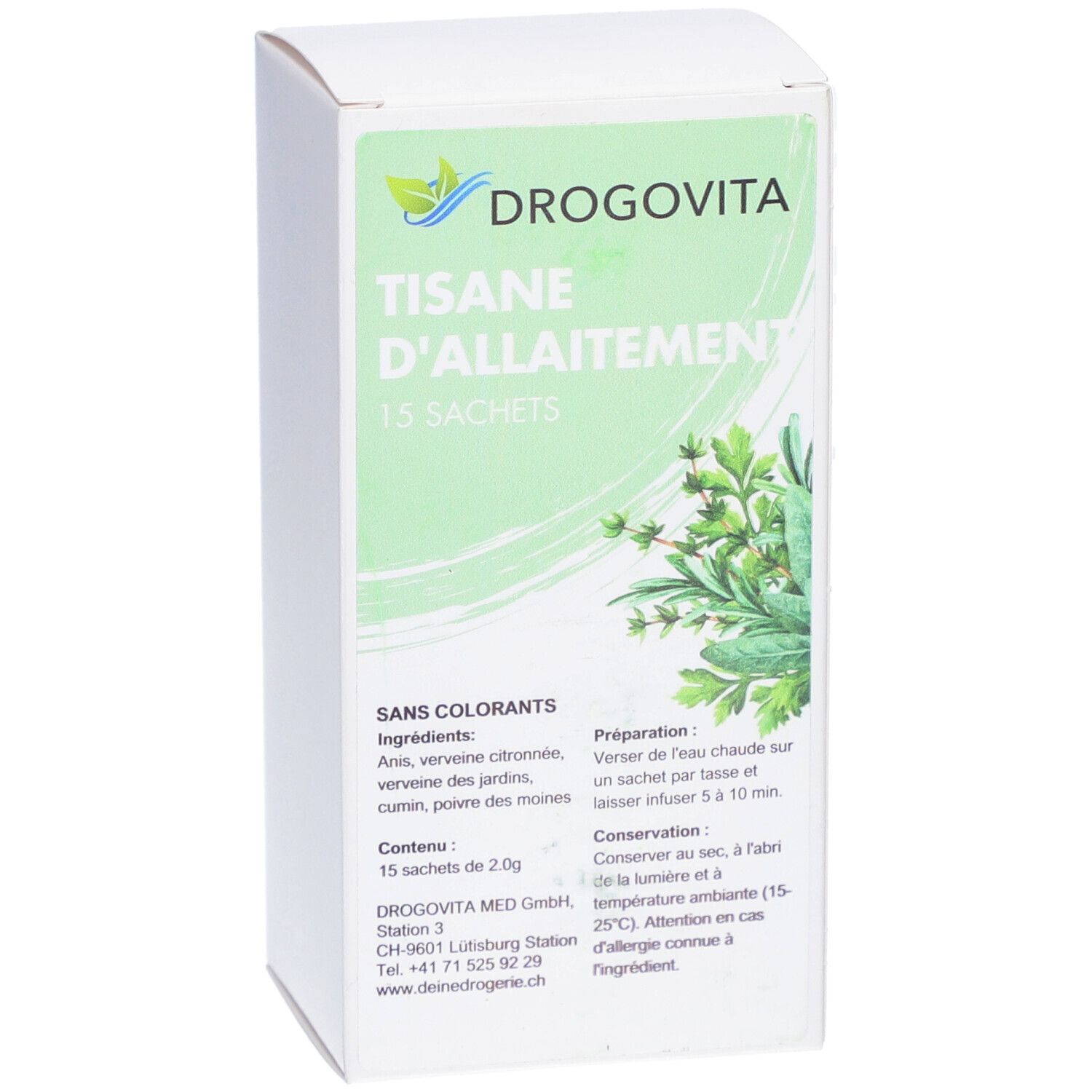 DROGOVITA-Verpackung. Aufschrift: Tisane d'Allaitement, 15 Sachets. Grün-weiße Schachtel mit Kräuterabbildung.