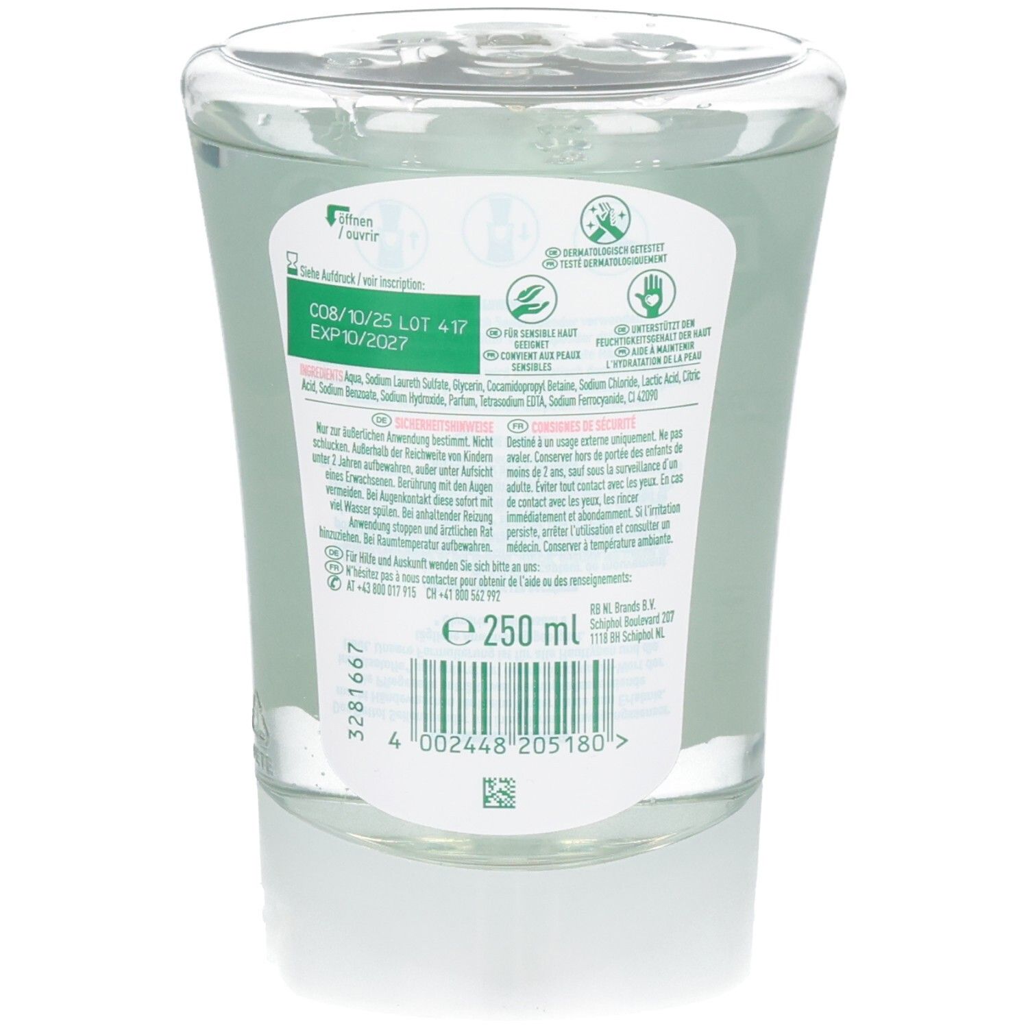 Rückseite einer Dettol No-Touch Flüssigseife Nachfüllpackung, 250 ml, mit Barcode und Inhaltsstoffen.