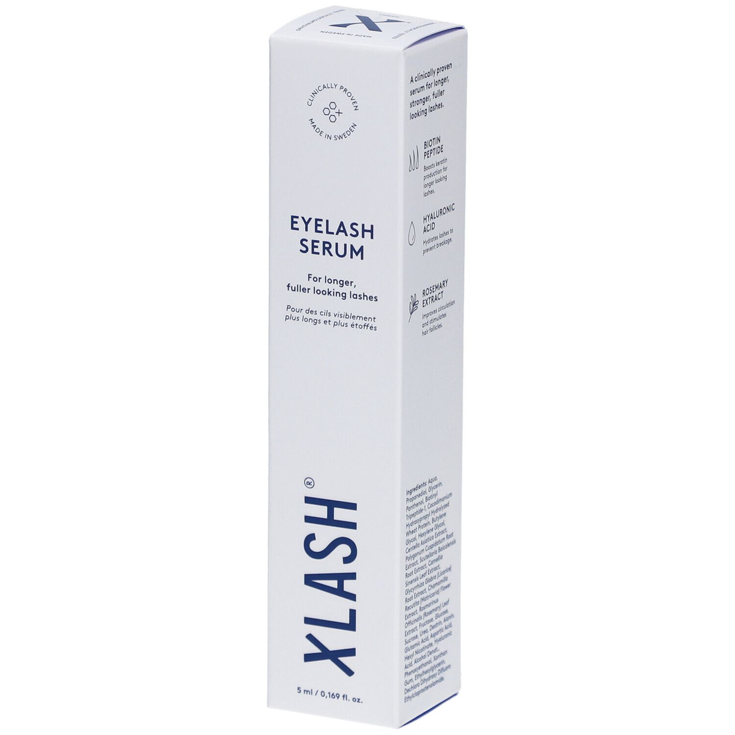 Xlash Wimpernserum-Verpackung. Weiße, längliche Schachtel mit blauem Logo und Text. Enthält Informationen über das Produkt.