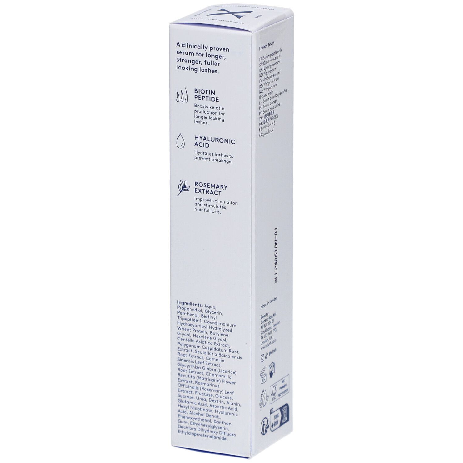 Seite der Xlash Wimpernserum-Verpackung. Enthält Inhaltsstoffe und Informationen. Weiß mit blauem Text.
