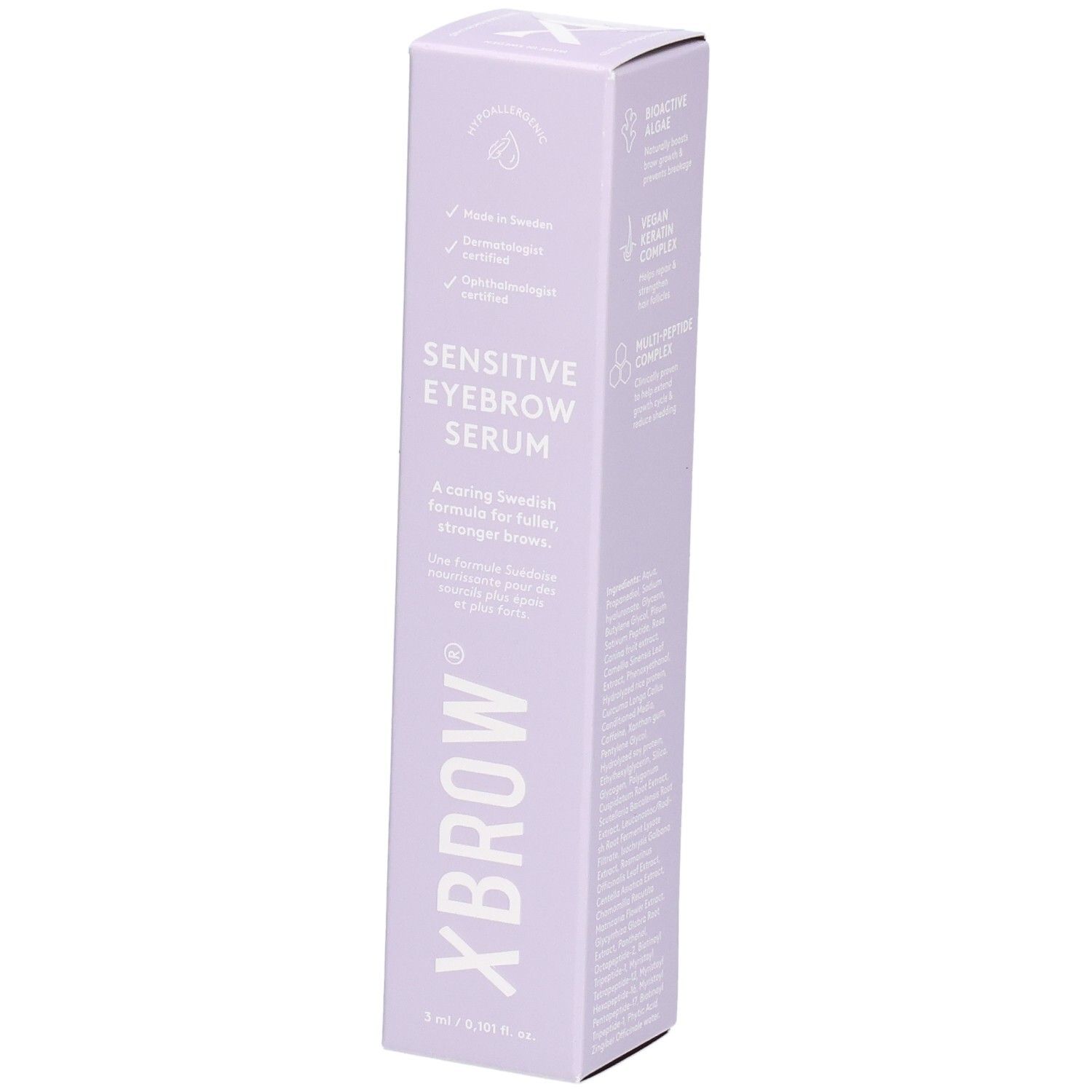 Helllila Verpackung mit Produktnamen und Logo. Text: Sensitive Eyebrow Serum. Marke: Xbrow. 5 ml.