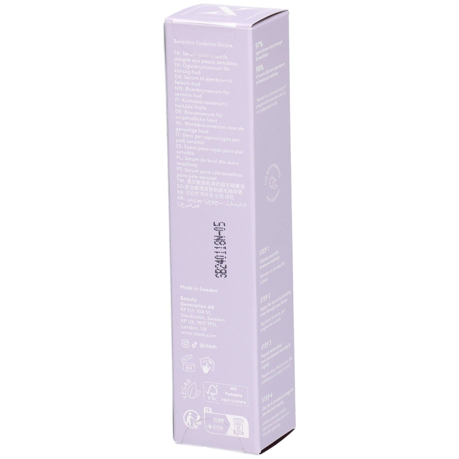 Helllila Verpackung mit Text und Logos. Text: Inhaltsstoffe, Hergestellt in Schweden. Marke: Xbrow. Recycling-Symbole.