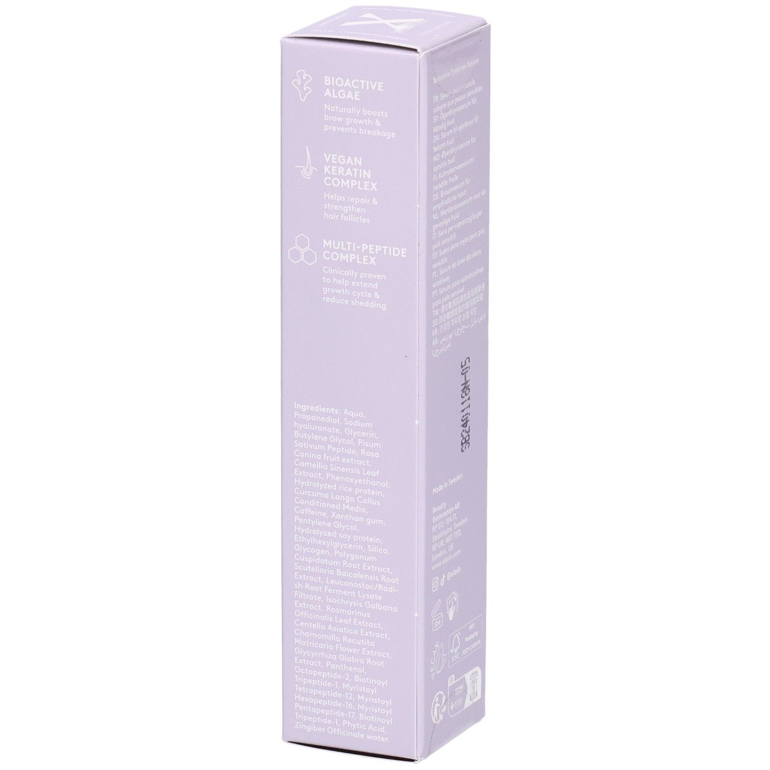 Helllila Verpackung mit Text. Text: Bioaktive Algen, Vegan Keratin Complex, Multi-Peptide Complex. Marke: Xbrow.