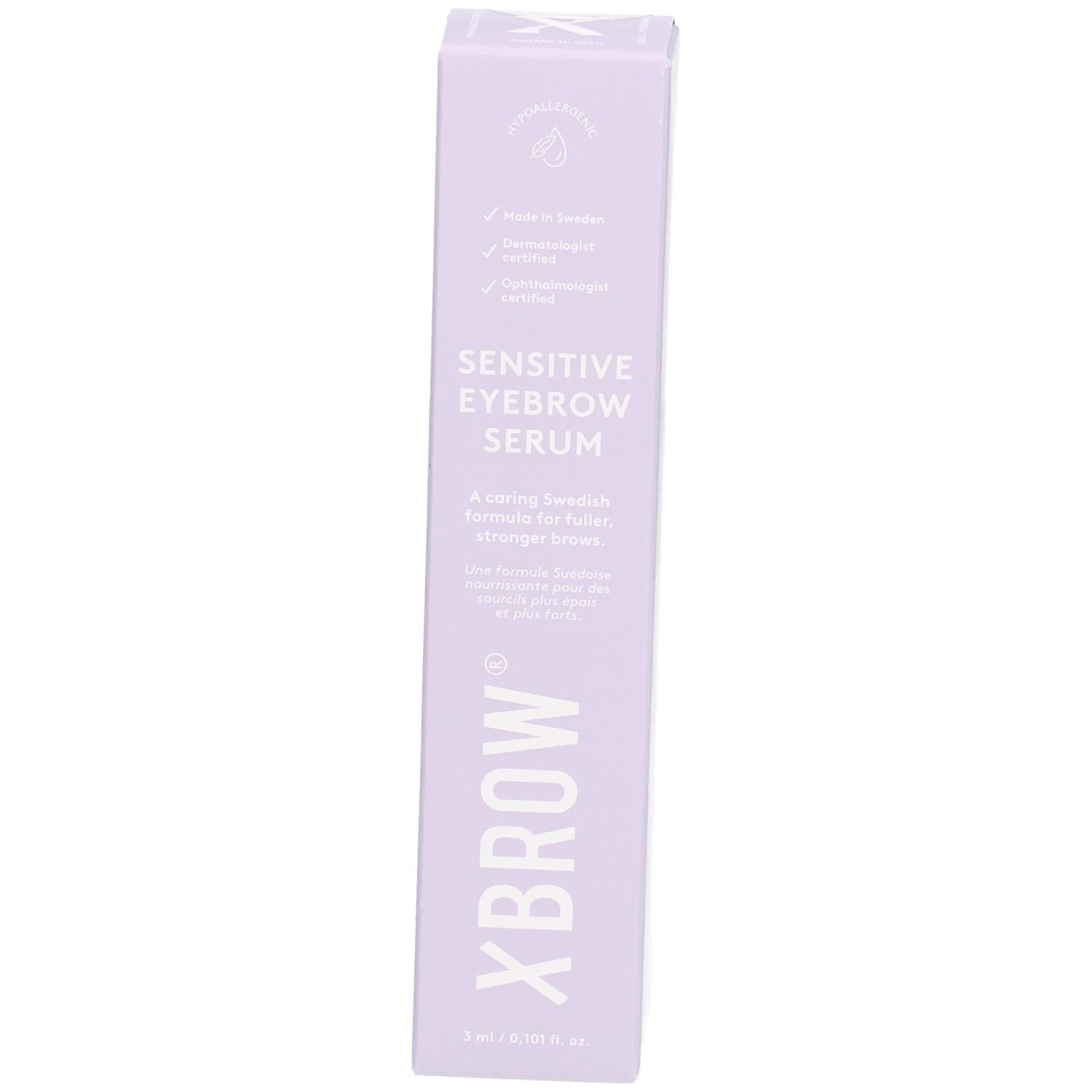 Helllila Verpackung mit Produktnamen und Logo. Text: Sensitive Eyebrow Serum. Marke: Xbrow. 5 ml.