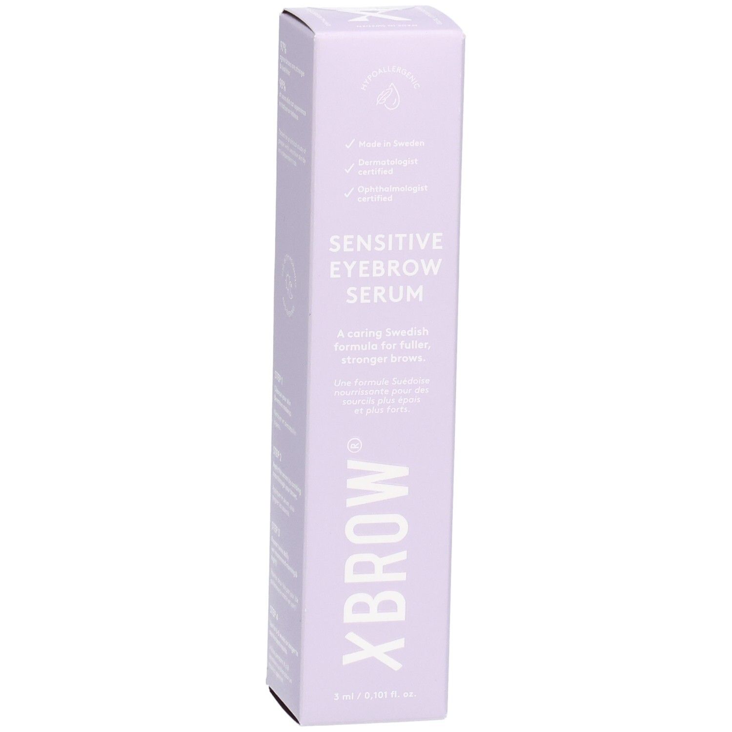 Helllila Verpackung mit Produktnamen und Logo. Text: Sensitive Eyebrow Serum. Marke: Xbrow. 5 ml.