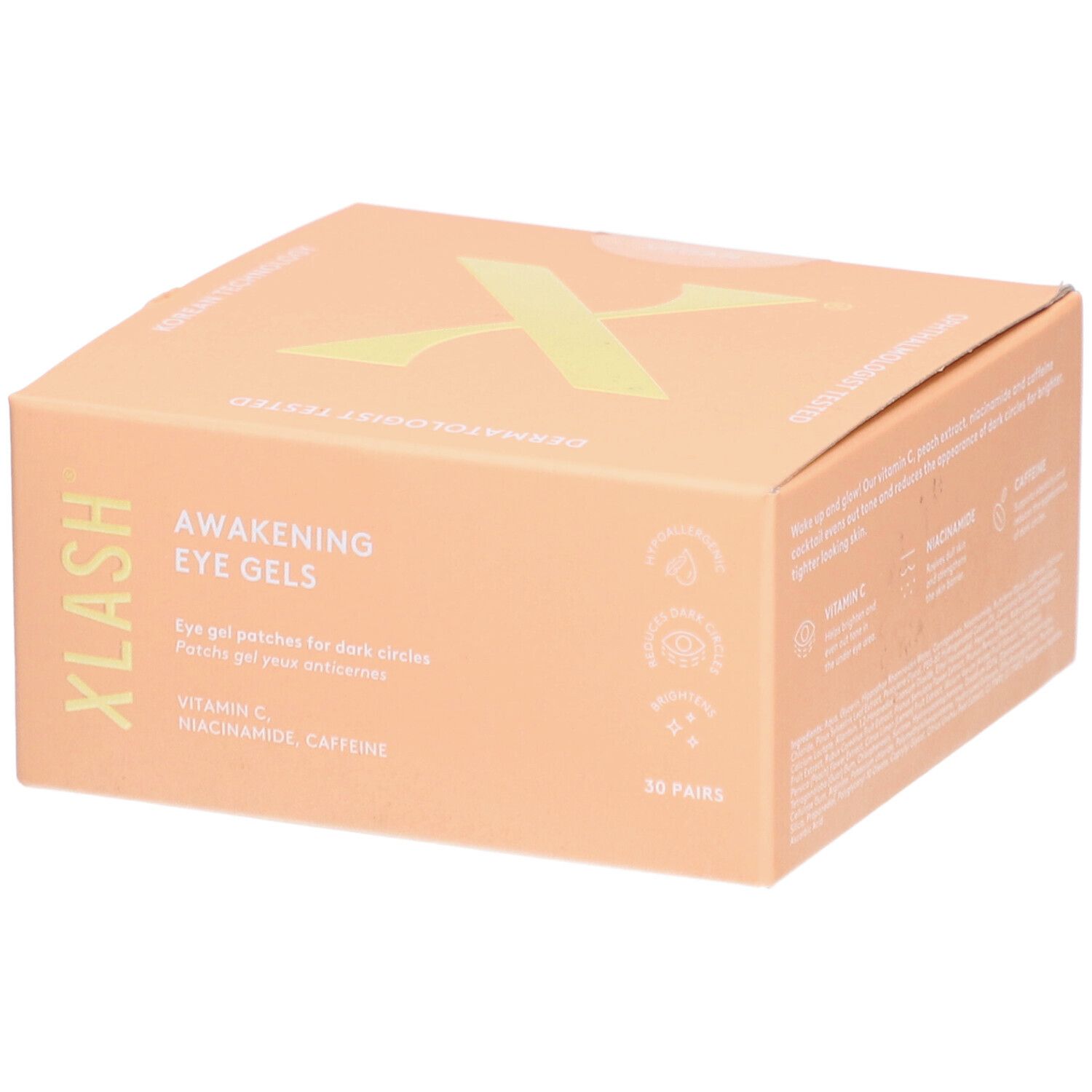 Boîte en carton beige. Sur le devant, "XLASH AWAKENING EYE GELS".