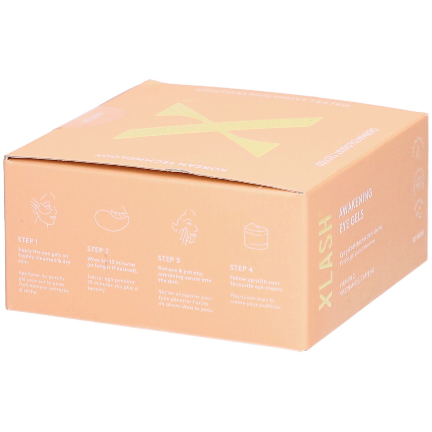 Boîte en carton beige. Quatre étapes d'utilisation illustrées sur le côté.