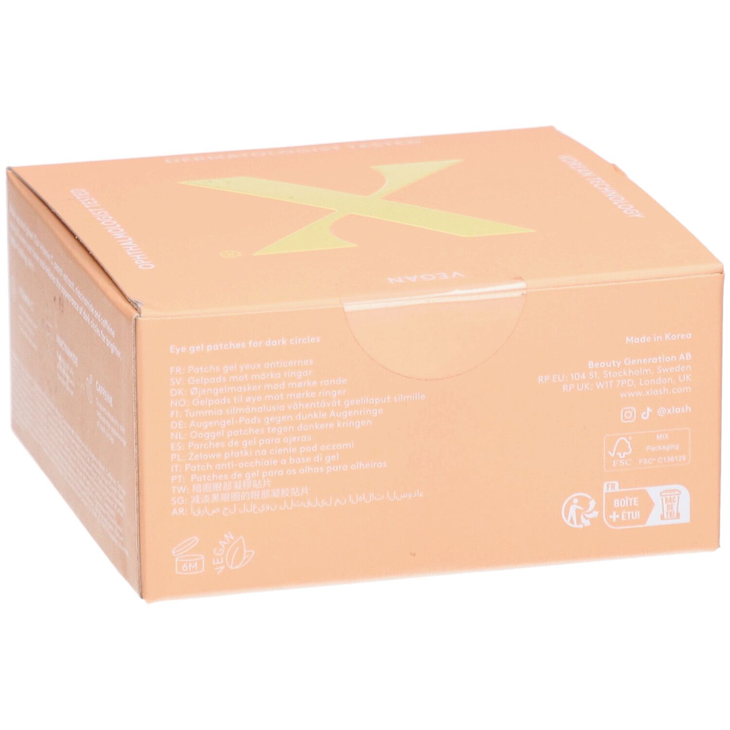 Boîte en carton beige. Texte multilingue. Fabriqué en Corée.