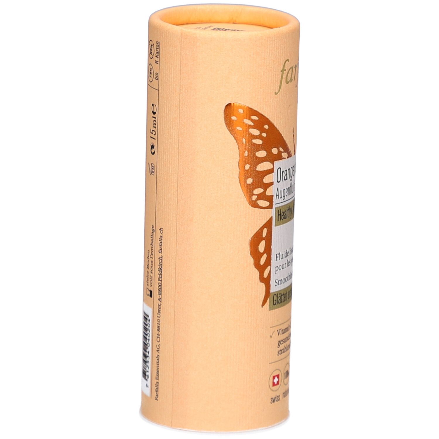 Zylindrische Verpackung, Seitenansicht. Aufschrift: farfalla, Orangenblüte C+ Augenfluid. Text und Logos. 15ml.