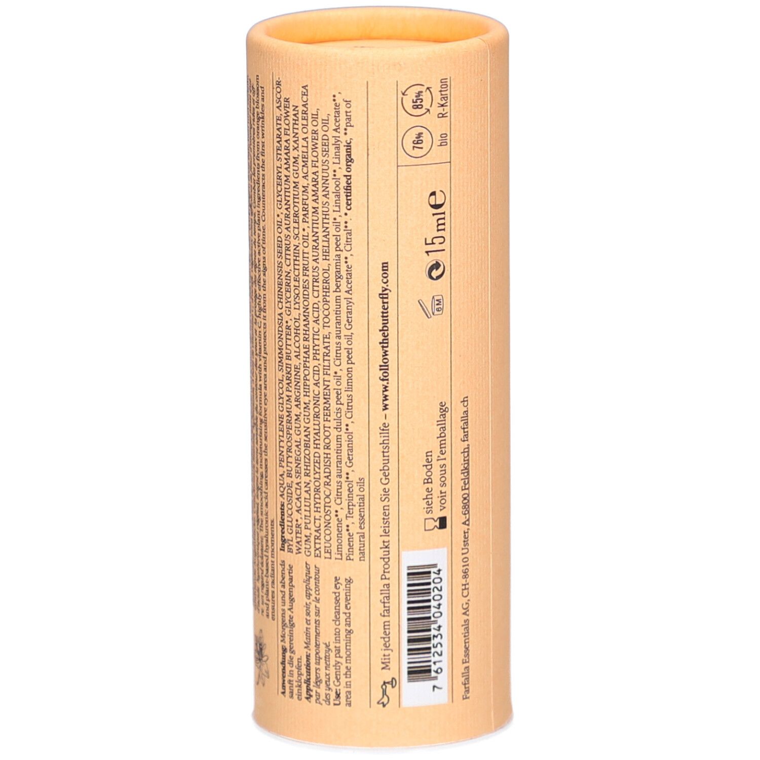 Rückseite der zylindrischen Verpackung. Inhaltsstoffe, Anwendungshinweise, Barcode, 15ml. Text in mehreren Sprachen.