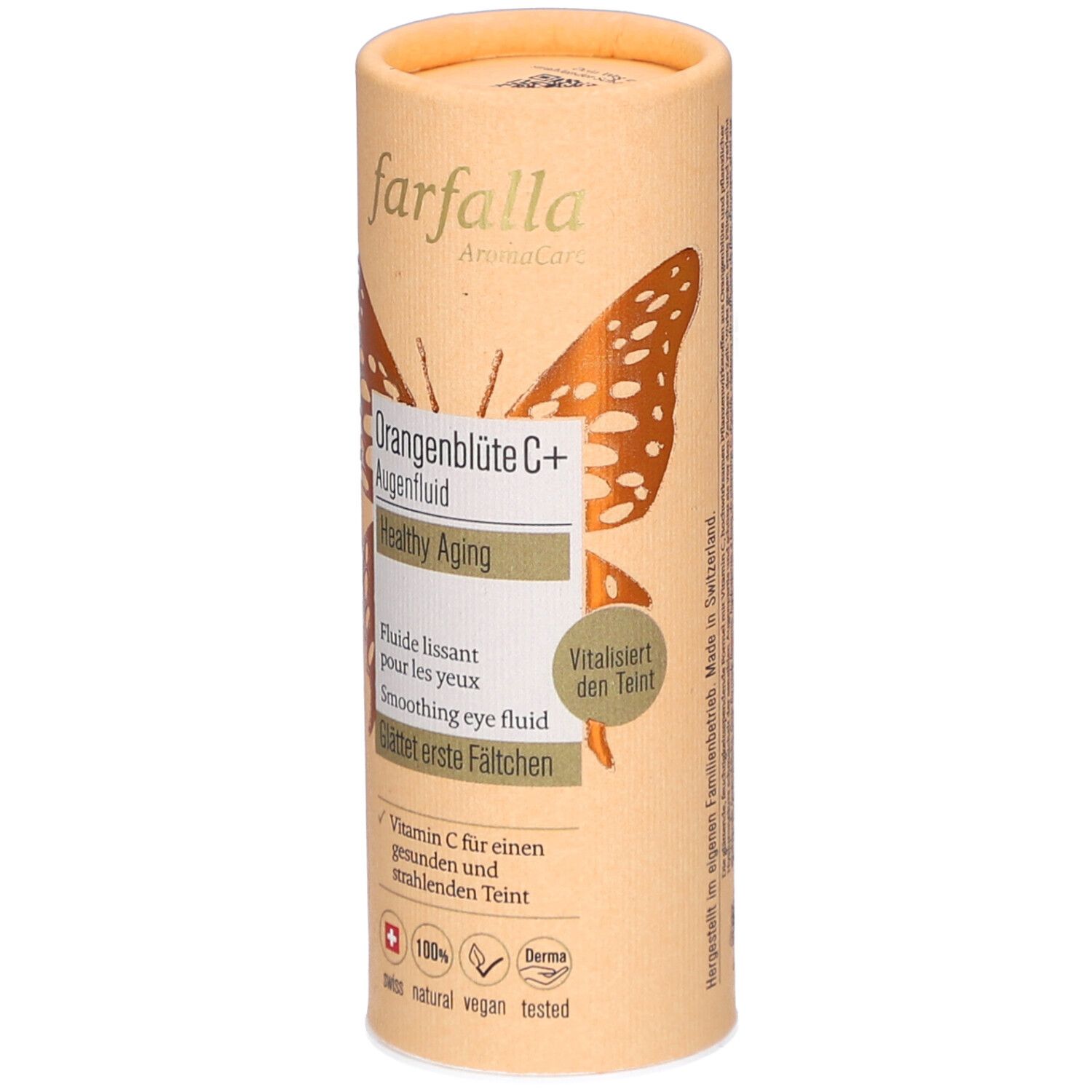 Zylindrische Verpackung. Aufschrift: farfalla, Orangenblüte C+ Augenfluid, Healthy Aging. Schmetterlingsmotiv. Schweizer Kreuz.