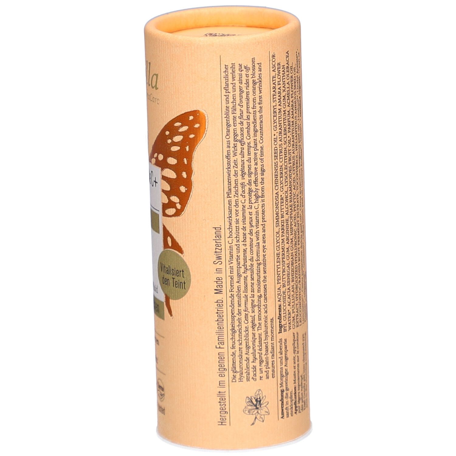 Rückseite der zylindrischen Verpackung. Inhaltsstoffe, Anwendungshinweise, Barcode, 15ml. Text in mehreren Sprachen.