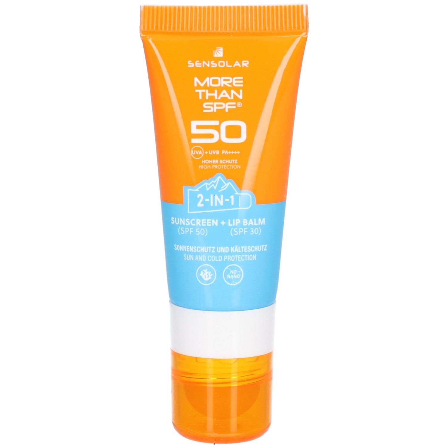 Orange-blaue Tube mit Sonnenschutz. Text: MORE THAN SPF 50, 2-in-1, Sonnenschutz + Lippenbalsam. Weiße und orangefarbene Elemente.