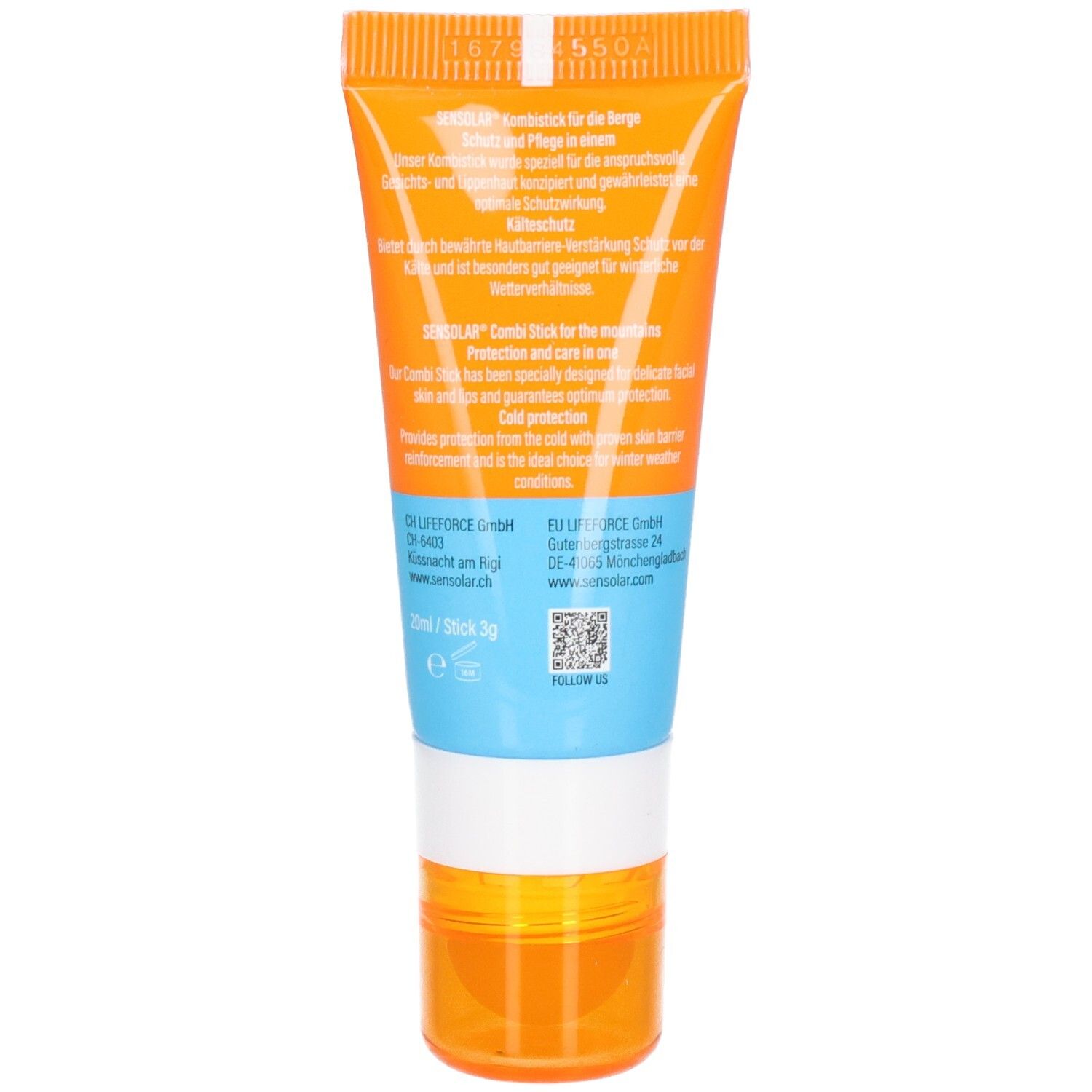 Rückseite der Tube. Text: SENSOLAR Kombi Stick, Sonnenschutz und Kälteschutz. QR-Code und Kontaktinformationen.