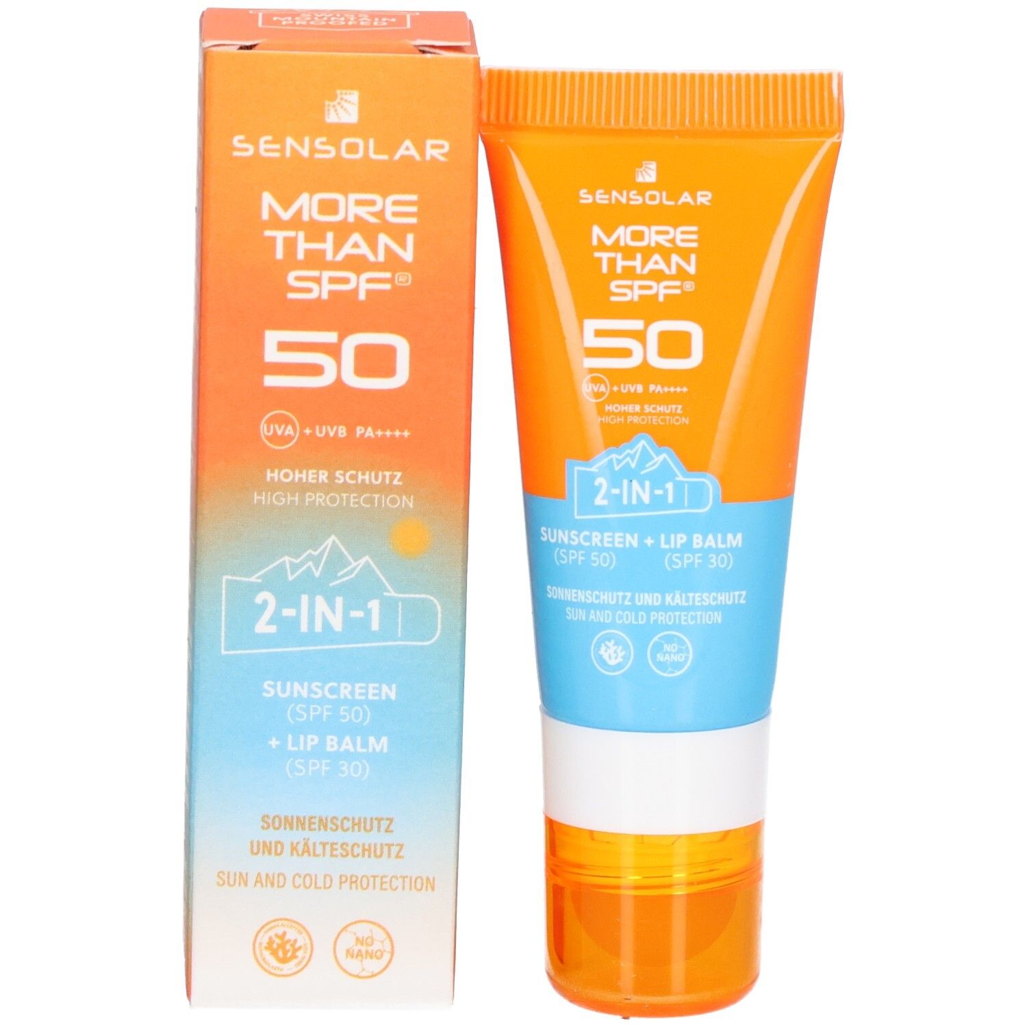 Produktverpackung und Tube. Verpackung: Orange mit Text MORE THAN SPF 50. Tube: Orange, blau und weiß, mit Text.