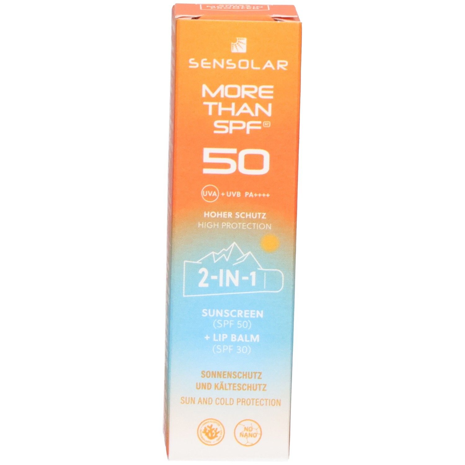 Aufrechte Produktverpackung. Orangefarben mit Text: MORE THAN SPF 50, 2-in-1, Sonnenschutz + Lippenbalsam. Logo.