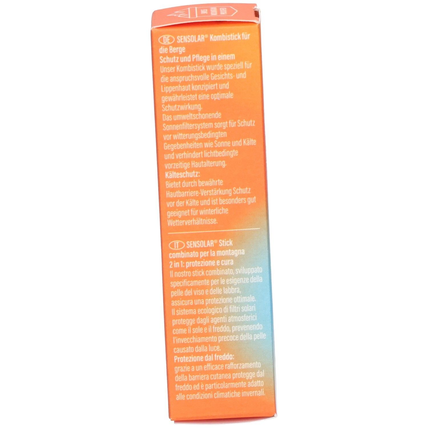 Seite der Produktverpackung. Text: SENSOLAR Kombi Stick, Schutz für die Berge, Sonnenschutz und Kälteschutz.