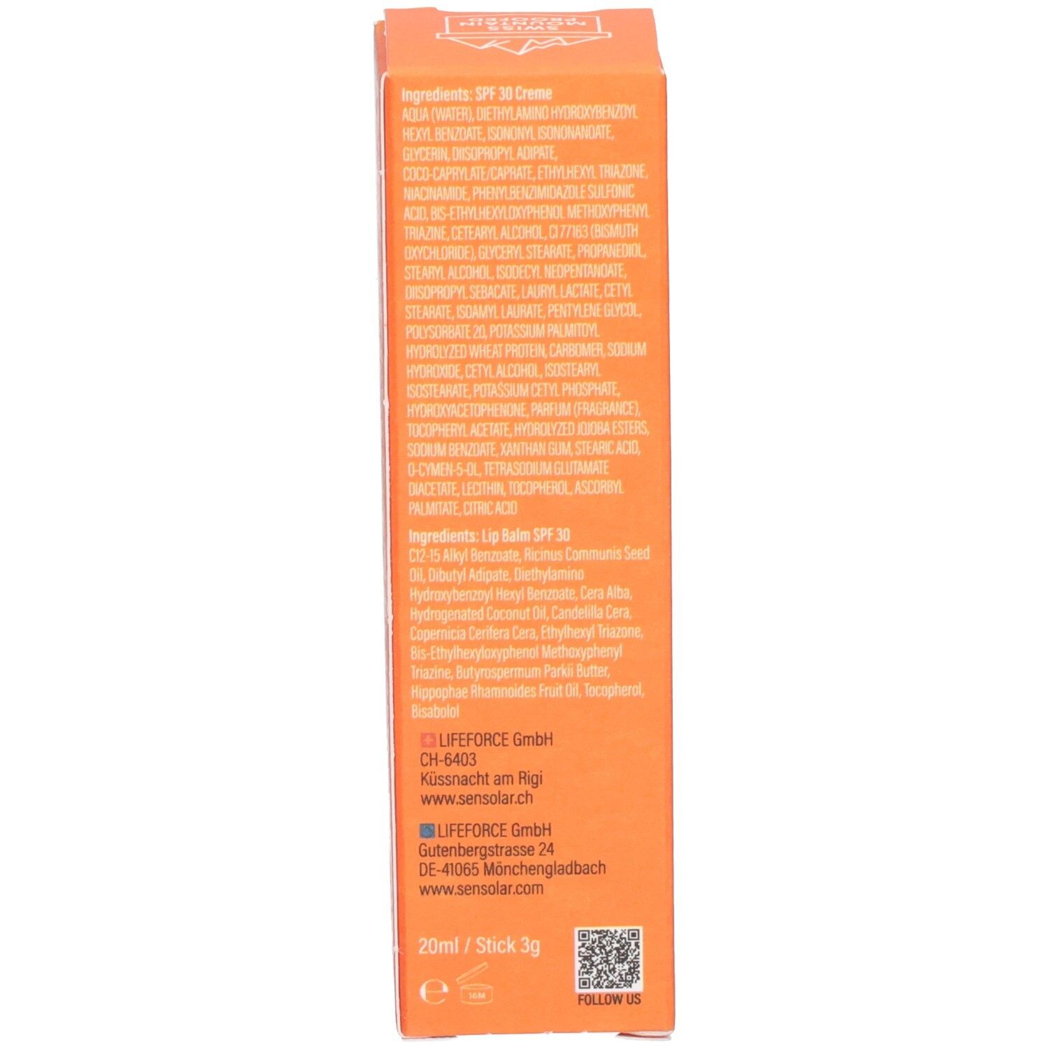 Seite der Produktverpackung. Text: Inhaltsstoffe, SPF 30 Creme, SPF 30 Lippenbalsam, Kontaktinformationen.