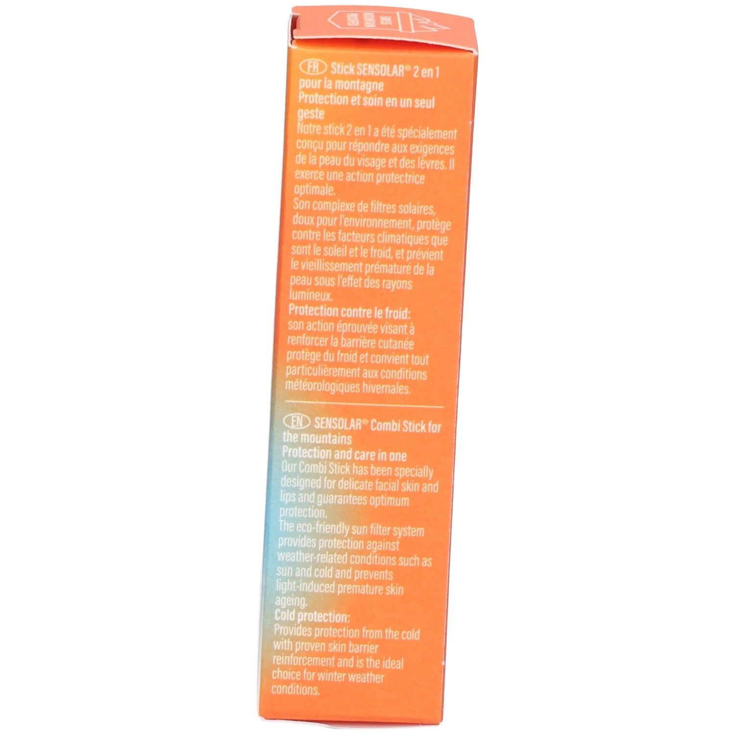 Seite der Produktverpackung. Text: SENSOLAR Kombi Stick, Schutz für die Berge, Sonnenschutz und Kälteschutz.