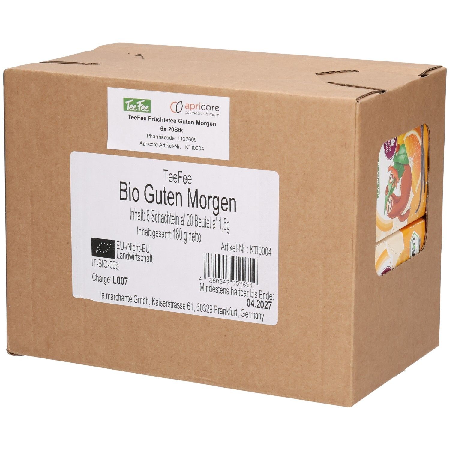 Karton mit TeeFee Bio Guten Morgen. Enthält 6 Schachteln à 20 Beutel. EU-Bio-Siegel. Barcode und Mindesthaltbarkeitsdatum.