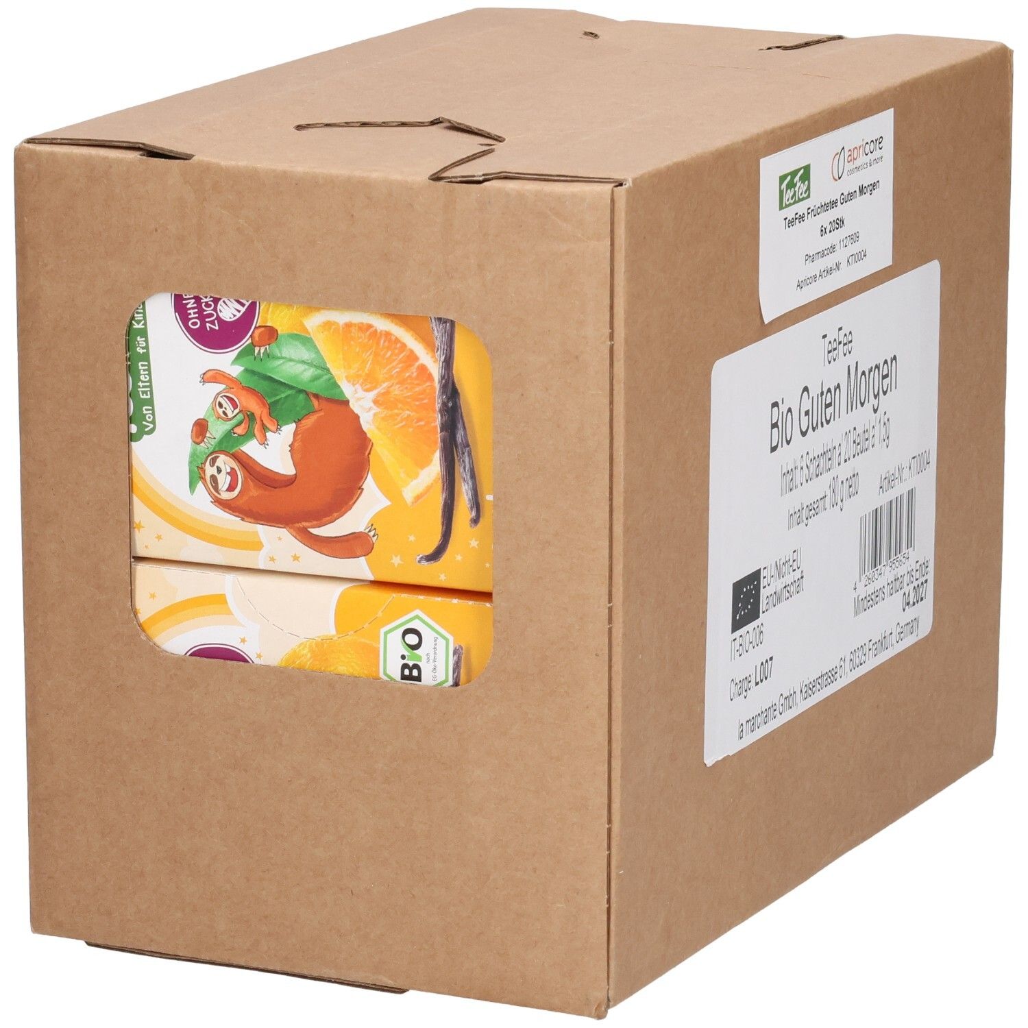 Karton mit TeeFee Bio Guten Morgen. Sichtfenster zeigt Tee-Verpackungen mit Illustrationen. EU-Bio-Siegel.