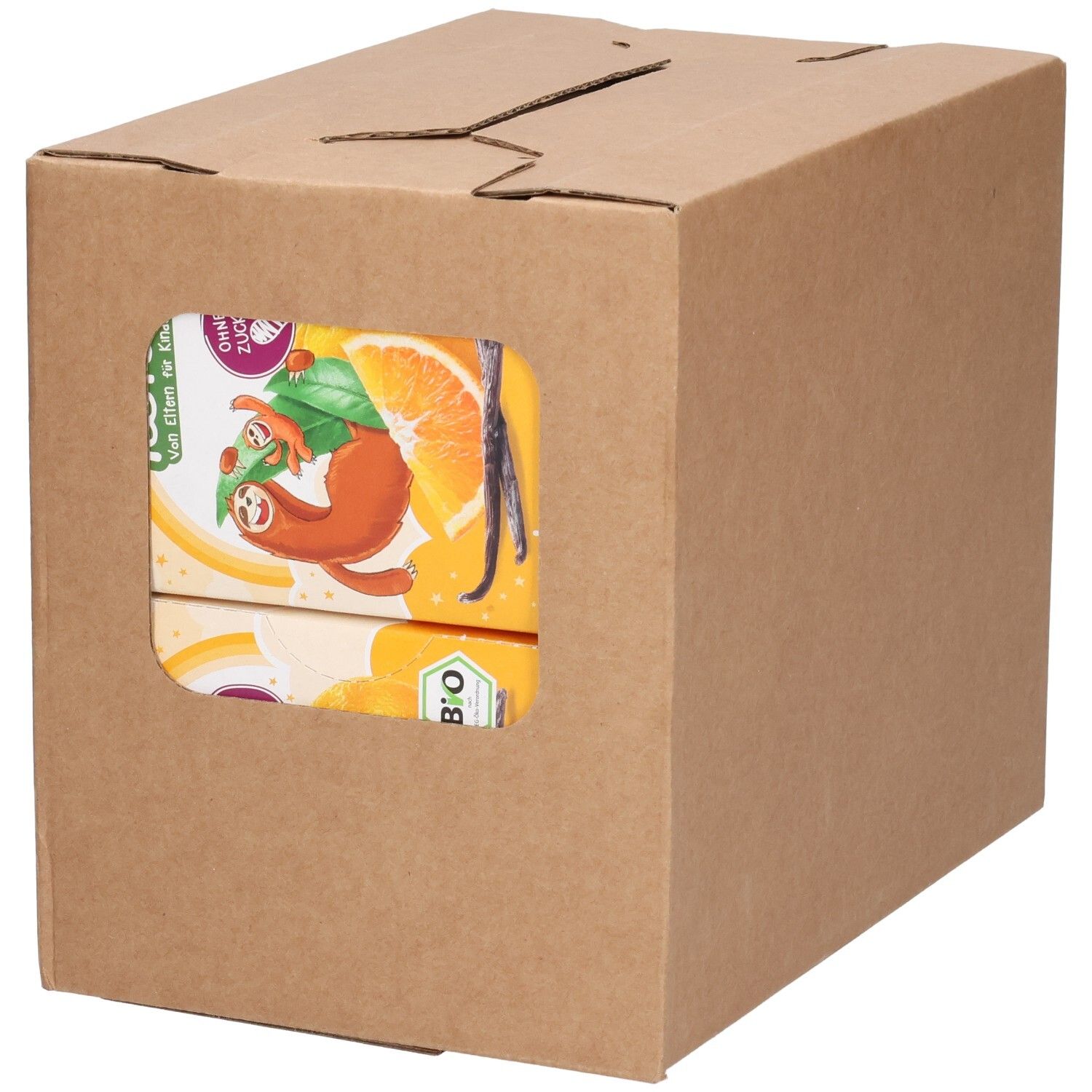 Karton mit Sichtfenster. TeeFee Bio Guten Morgen. Illustrationen auf Tee-Verpackungen sichtbar. EU-Bio-Siegel.