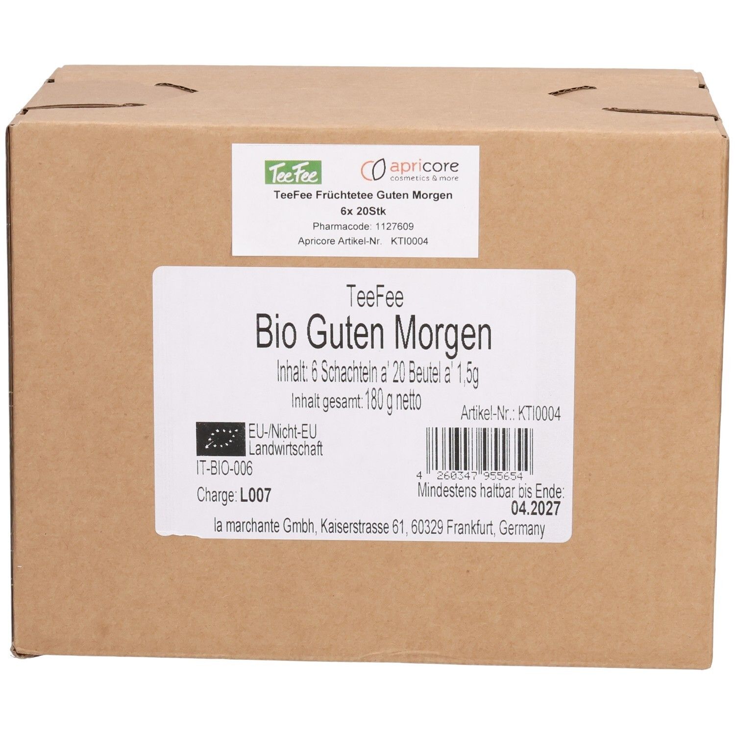 Karton mit TeeFee Bio Guten Morgen. Enthält 6 Schachteln à 20 Beutel. EU-Bio-Siegel. Barcode und Mindesthaltbarkeitsdatum.