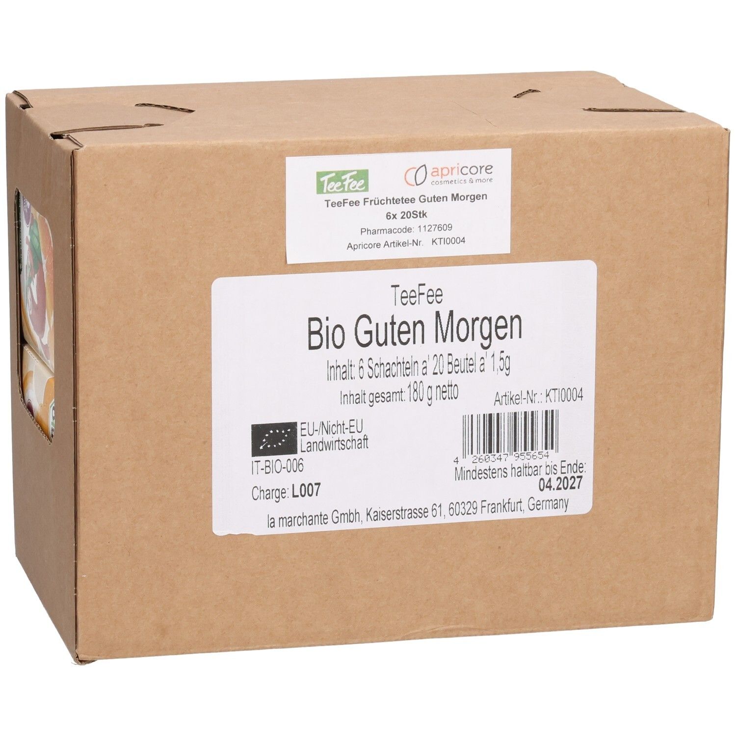 Karton mit TeeFee Bio Guten Morgen. Enthält 6 Schachteln à 20 Beutel. EU-Bio-Siegel. Barcode und Mindesthaltbarkeitsdatum.