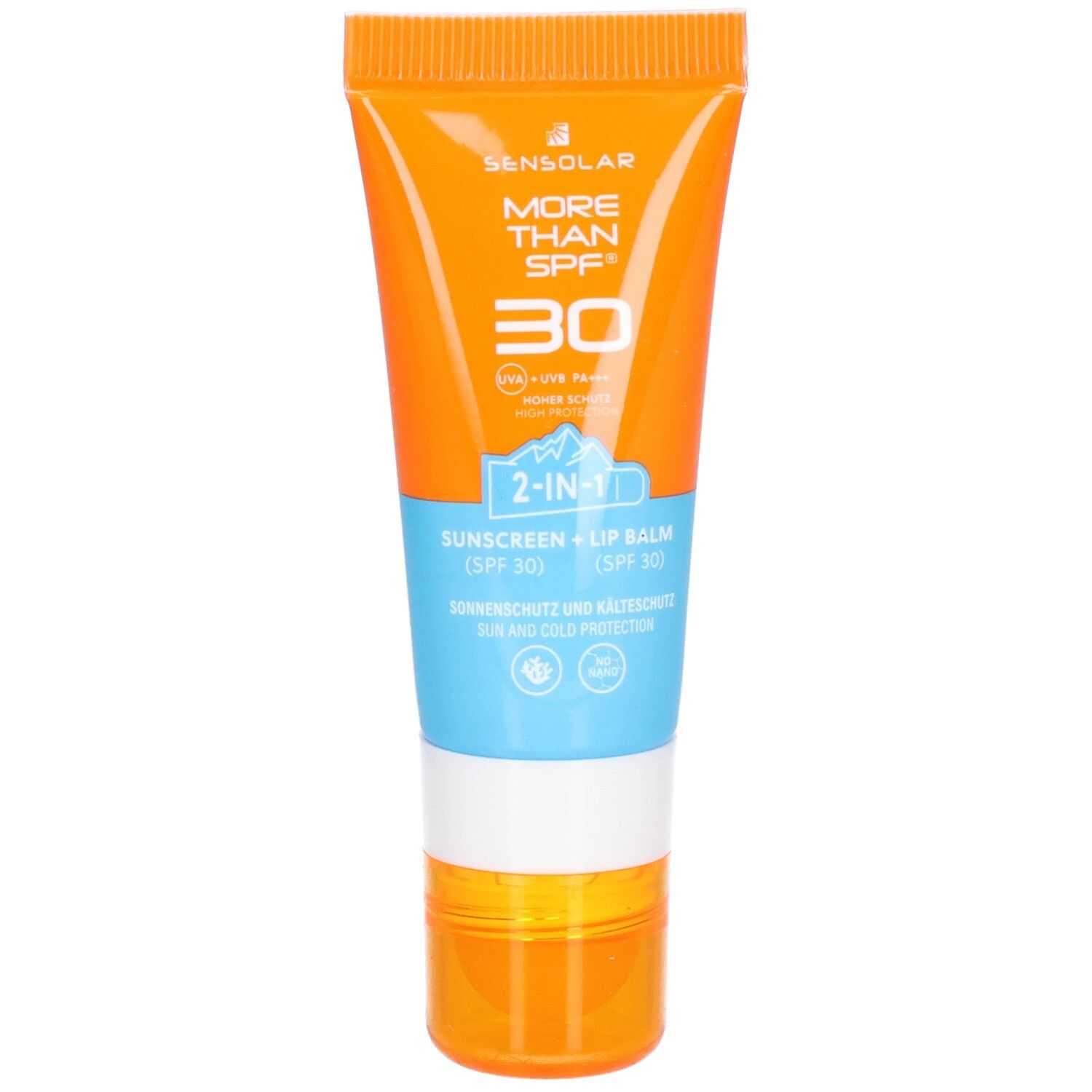 Orange-weiß Tube mit Sonnenschutz und Lippenbalsam. Text: MORE THAN SPF 30, 2-in-1, Sonnenschutz + Lippenbalsam.