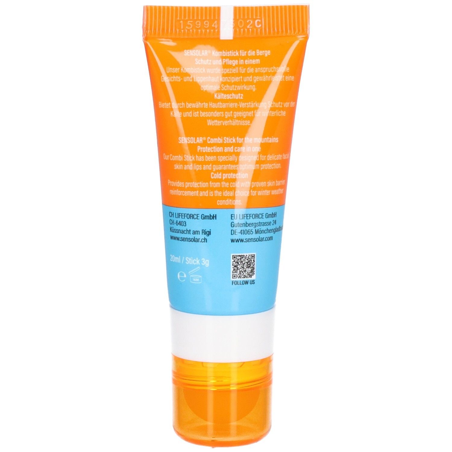 Rückseite der Tube. Text: Sonnenschutz für die Berge, Kälteschutz, EU LIFEFORCE GmbH, QR-Code, www.sensolar.ch.