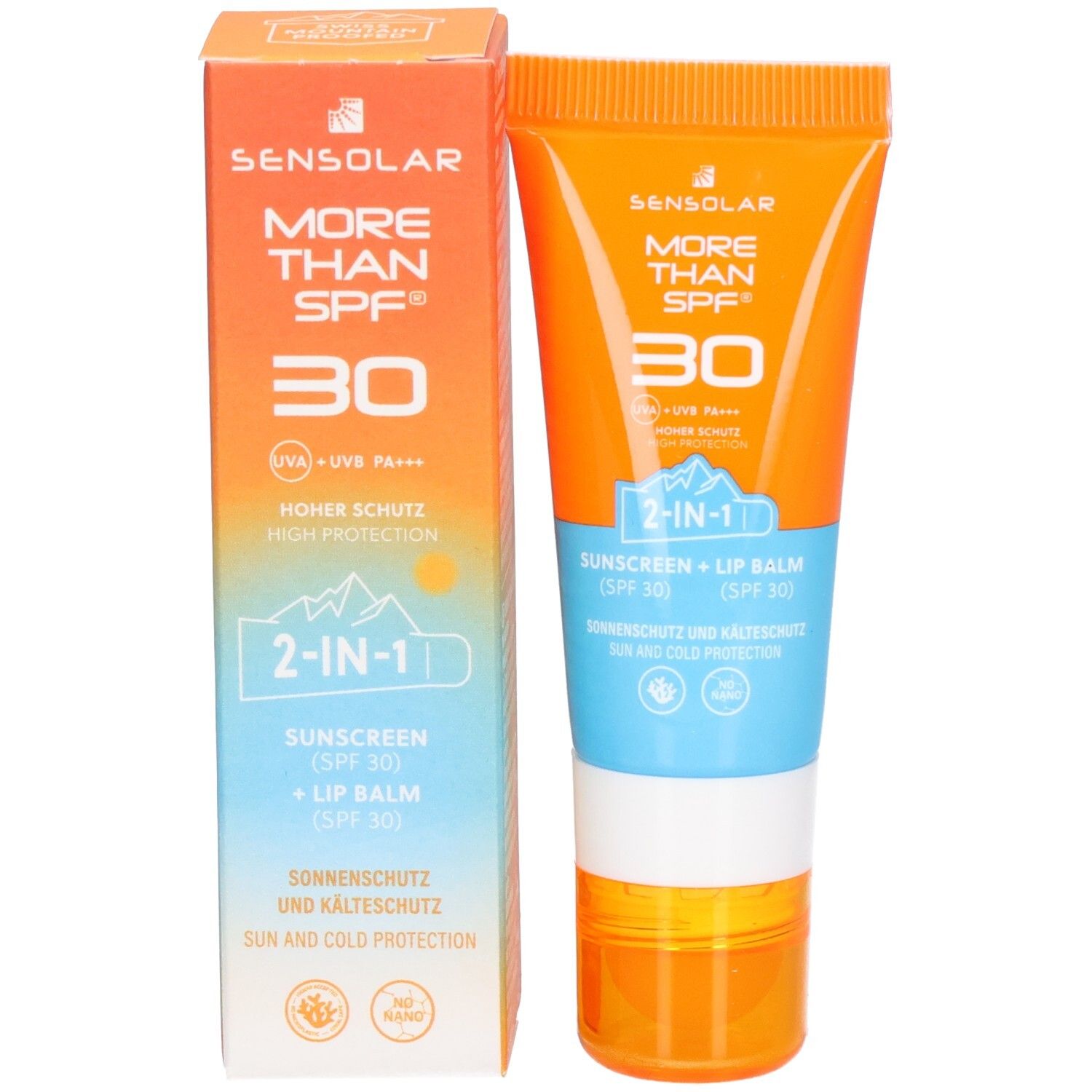 Produktverpackung und Tube. Verpackung: MORE THAN SPF 30, 2-in-1, Sonnenschutz + Lippenbalsam. Tube: identisch mit Bild CH01127623-p10.