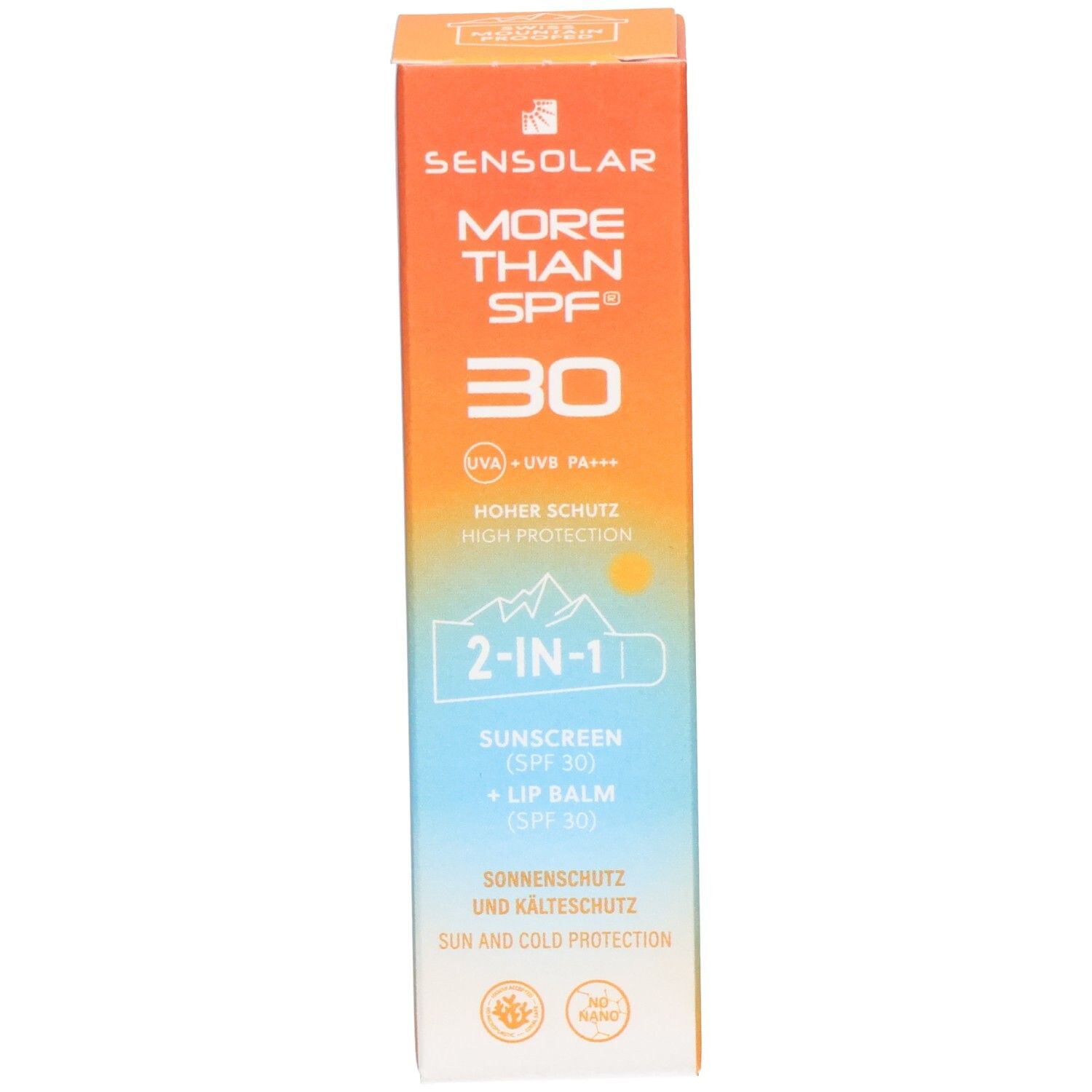 Produktverpackung. Text: MORE THAN SPF 30, 2-in-1, Sonnenschutz + Lippenbalsam, hoher Schutz. Orange, blau und weiß.