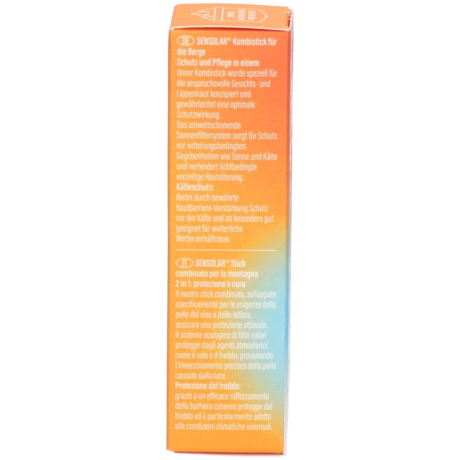 Produktverpackung, Seite. Text: Sonnenschutz für die Berge, Kälteschutz, Beschreibung in Deutsch und Italienisch.