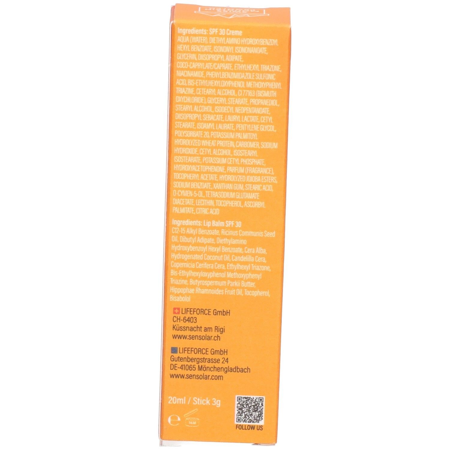 Produktverpackung, Seite. Text: Inhaltsstoffe, EU LIFEFORCE GmbH, www.sensolar.ch, 20ml/Stick 3g.