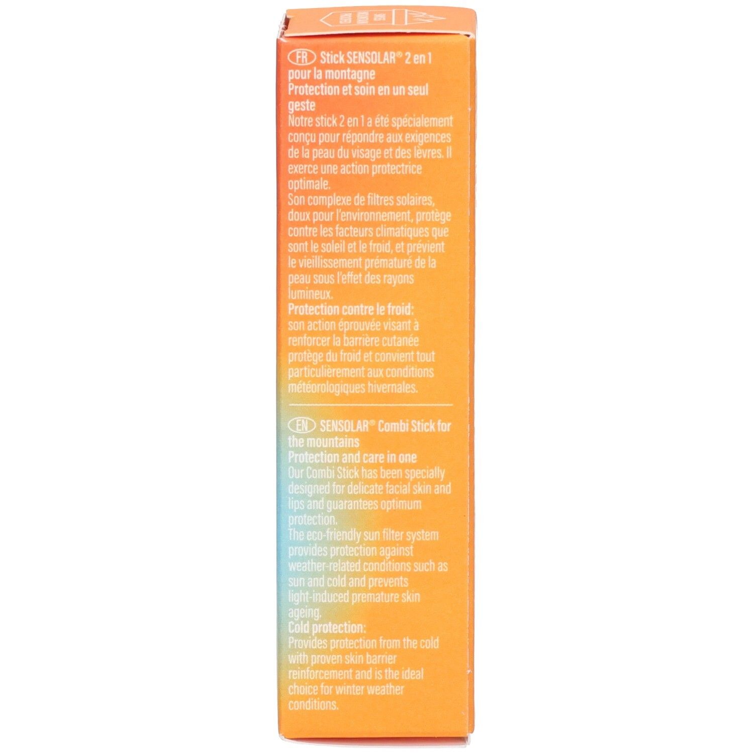 Produktverpackung, Seite. Text: Beschreibung in Französisch und Englisch. EU LIFEFORCE GmbH, www.sensolar.ch.