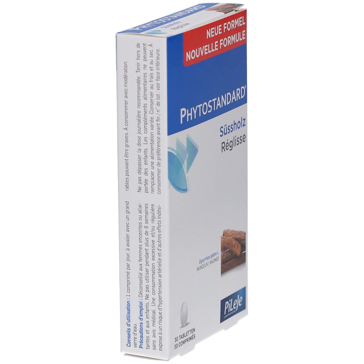 Schrägansicht der Produktverpackung. Produktname Phytostandard Süßholz. 30 Tabletten. PiLeJe Logo.