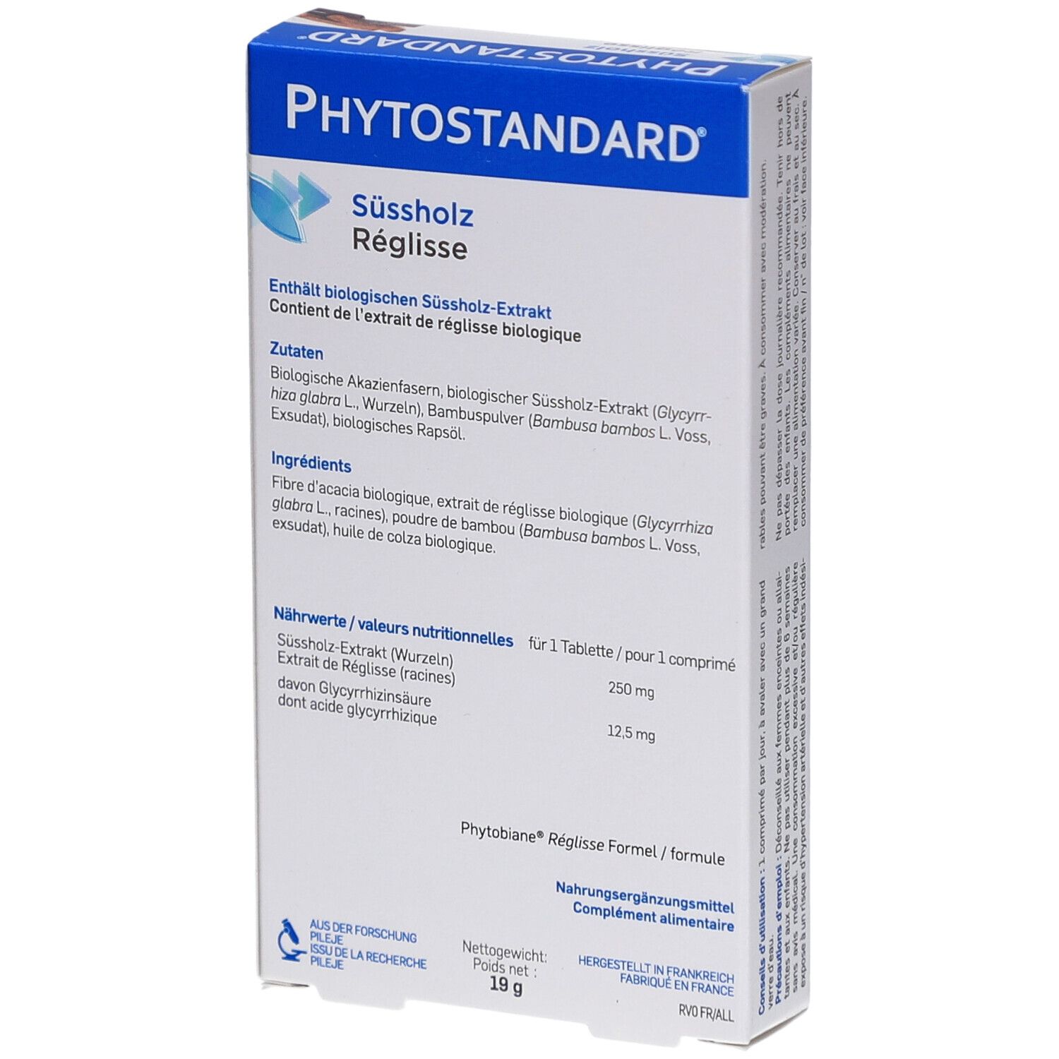 Rückseite der Produktverpackung. Produktname Phytostandard Süßholz. Zutatenliste und Nährwertangaben.