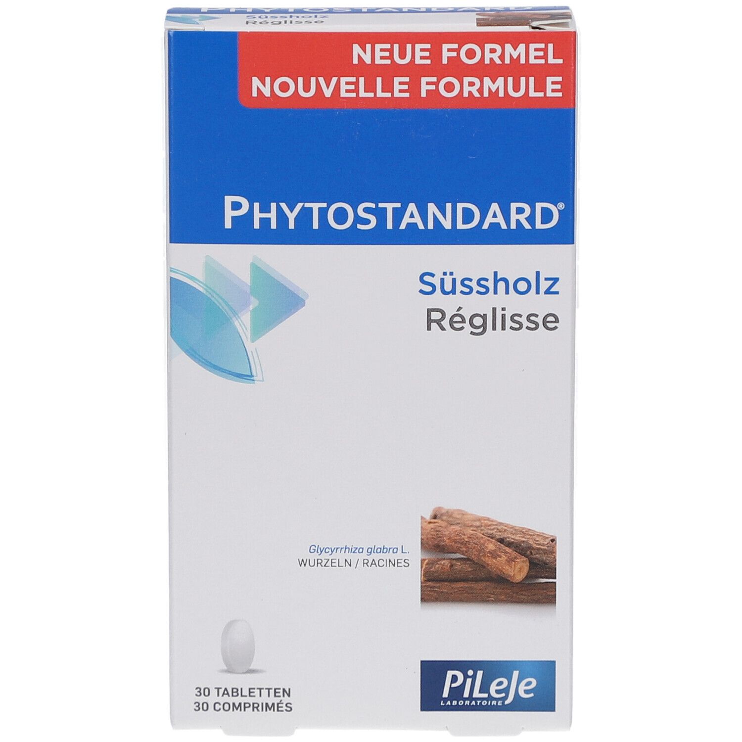 Produktverpackung. Produktname Phytostandard Süßholz. 30 Tabletten. Neue Formel. PiLeJe Logo.