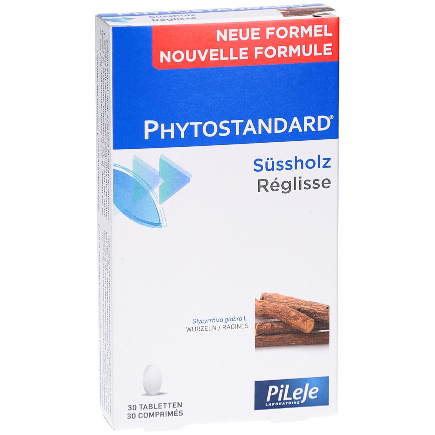 Produktverpackung. Produktname Phytostandard Süßholz. 30 Tabletten. Neue Formel. PiLeJe Logo.