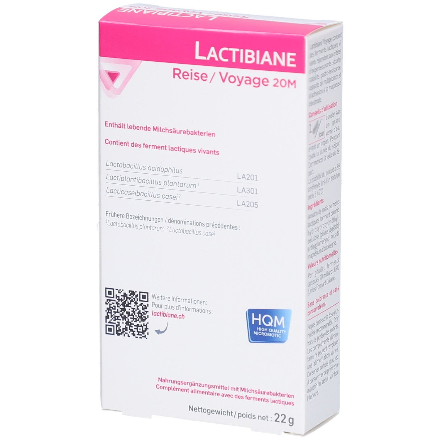 PiLeJe Lactibiane Reise/Voyage 20M. Rückseite der Packung. Enthält Informationen und QR-Code. HQM-Qualitätszeichen.
