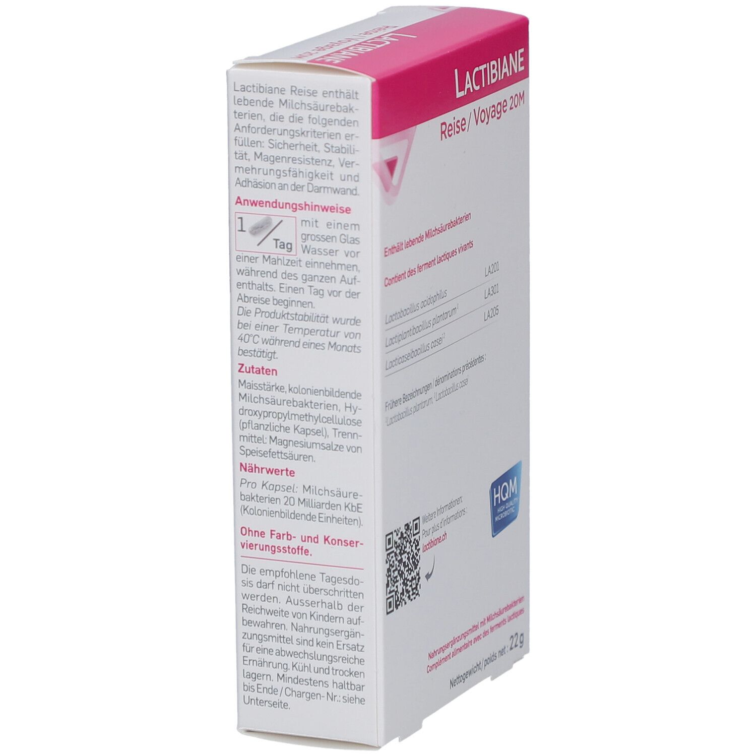 PiLeJe Lactibiane Reise/Voyage 20M. Seitenansicht der Packung. Enthält Informationen und QR-Code. HQM-Qualitätszeichen.