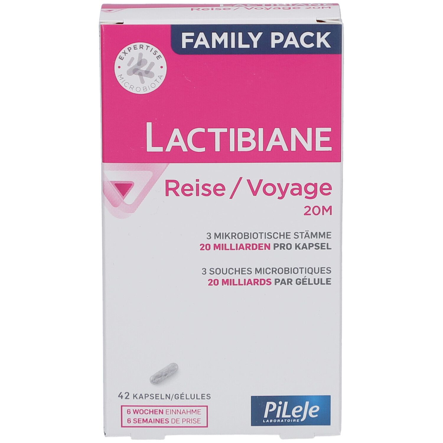 PiLeJe Lactibiane Reise/Voyage 20M. Weiße Schachtel mit rosa Akzenten. Enthält 42 Kapseln. Familienpackung.