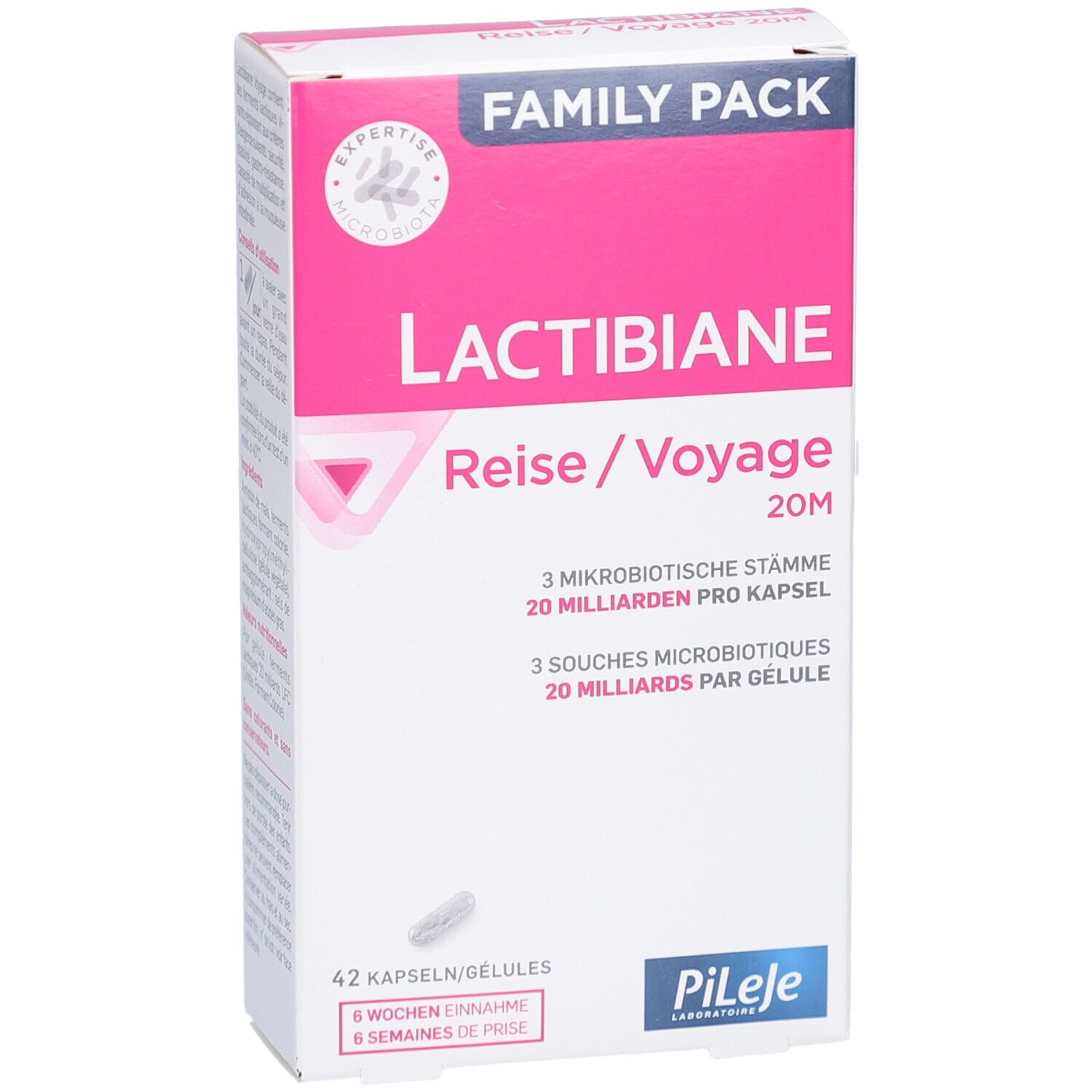 PiLeJe Lactibiane Reise/Voyage 20M. Weiße Schachtel mit rosa Akzenten. Enthält 42 Kapseln. Familienpackung.