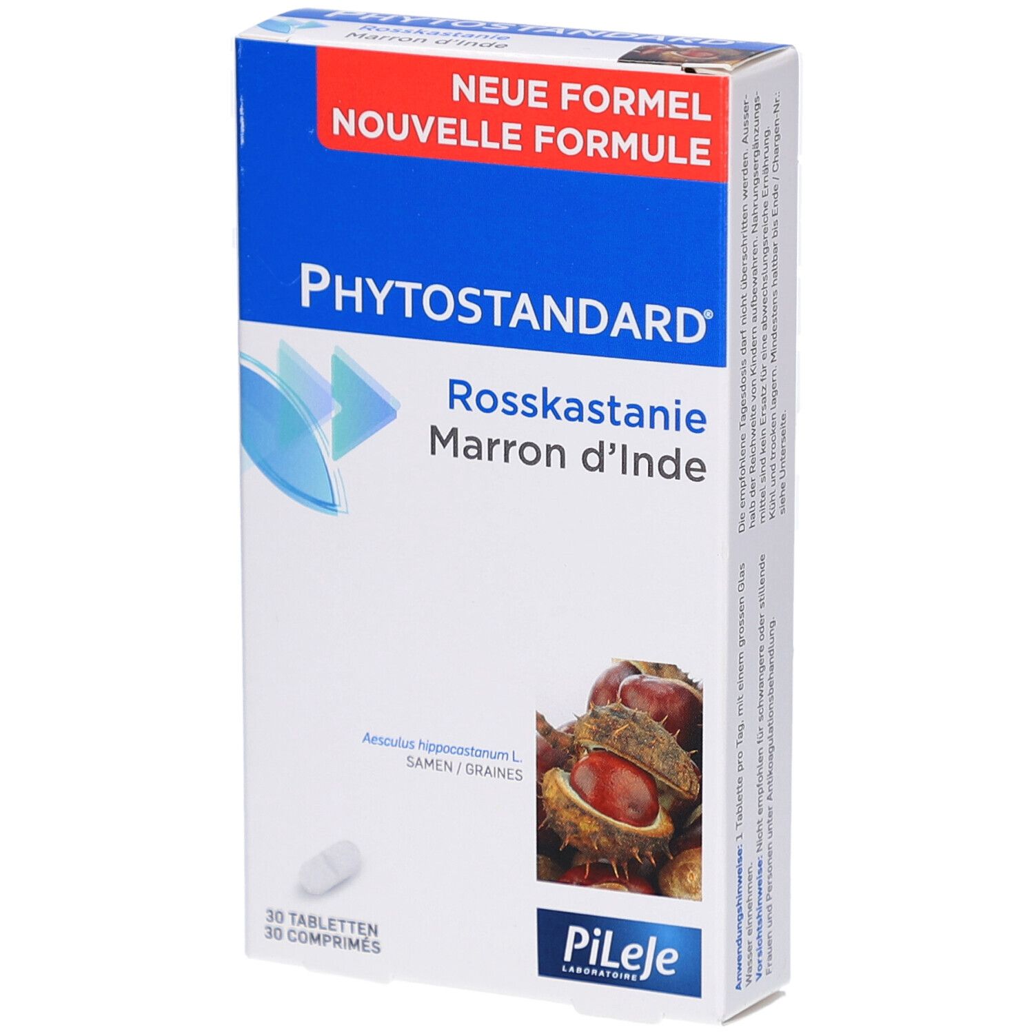 Schachtel mit "Phytostandard Rosskastanie". Oben "Neue Formel". Unten 30 Tabletten. Abbildung von Rosskastanien.