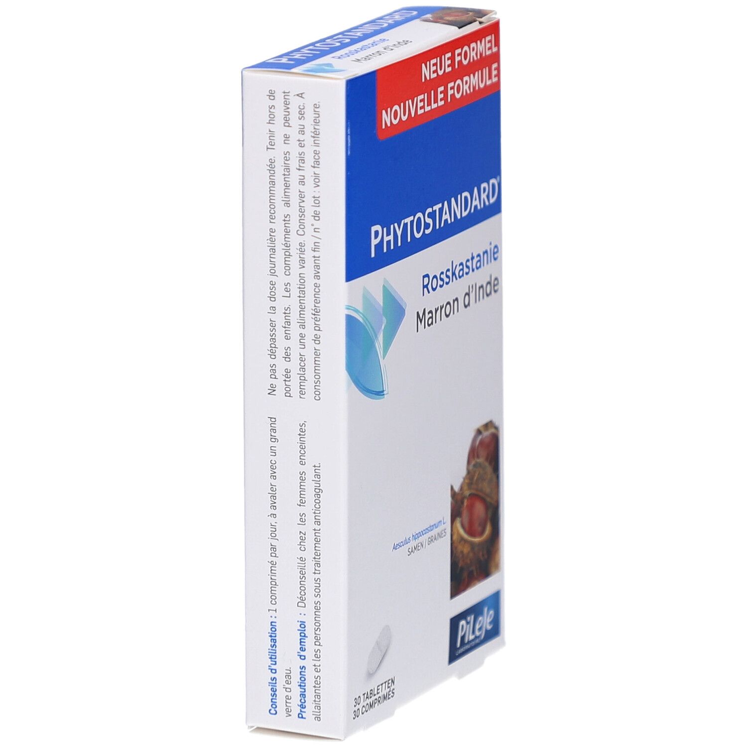Schachtel "Phytostandard Rosskastanie". Seite mit Text und Abbildung von Rosskastanien. Unten 30 Tabletten.