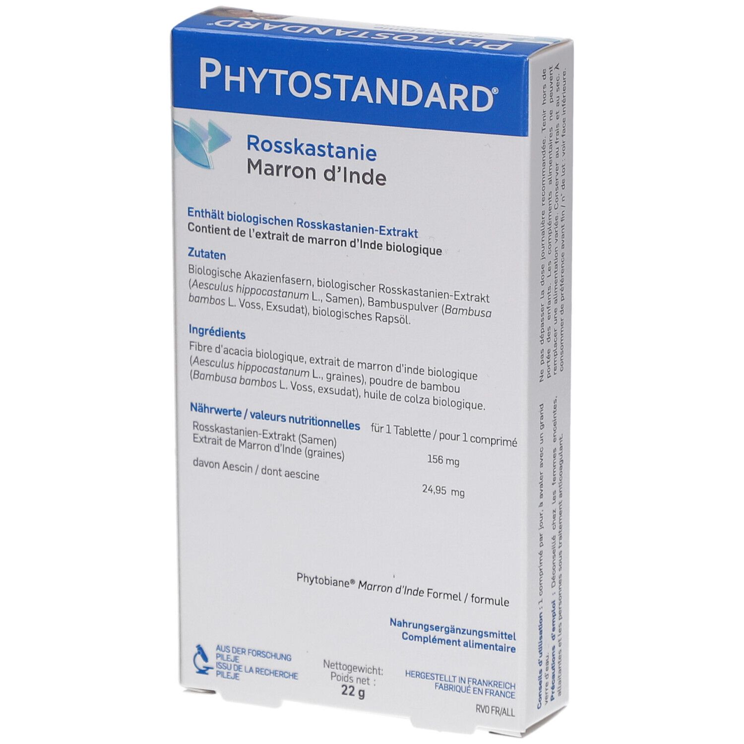 Rückseite der Schachtel "Phytostandard Rosskastanie". Enthält Inhaltsstoffe und Nährwertangaben. Gewicht 22g.