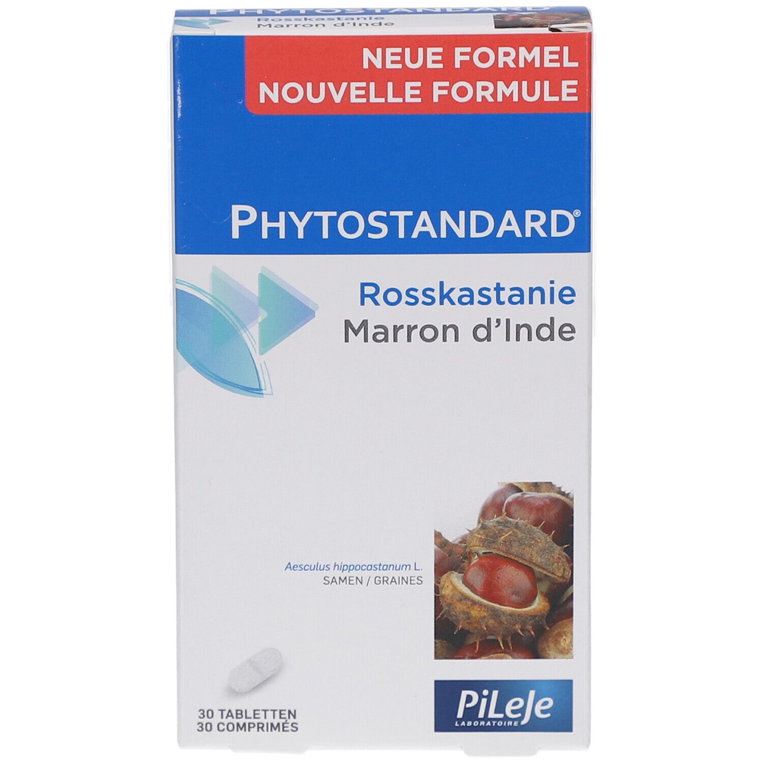 Schachtel "Phytostandard Rosskastanie". Oben "Neue Formel". Unten 30 Tabletten. Abbildung von Rosskastanien.