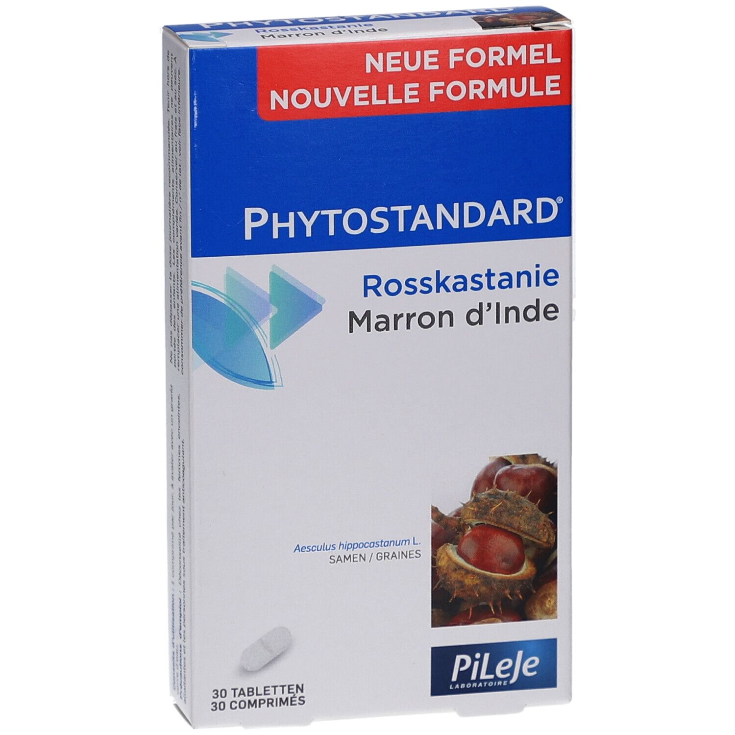 Schachtel "Phytostandard Rosskastanie". Oben "Neue Formel". Unten 30 Tabletten. Abbildung von Rosskastanien.